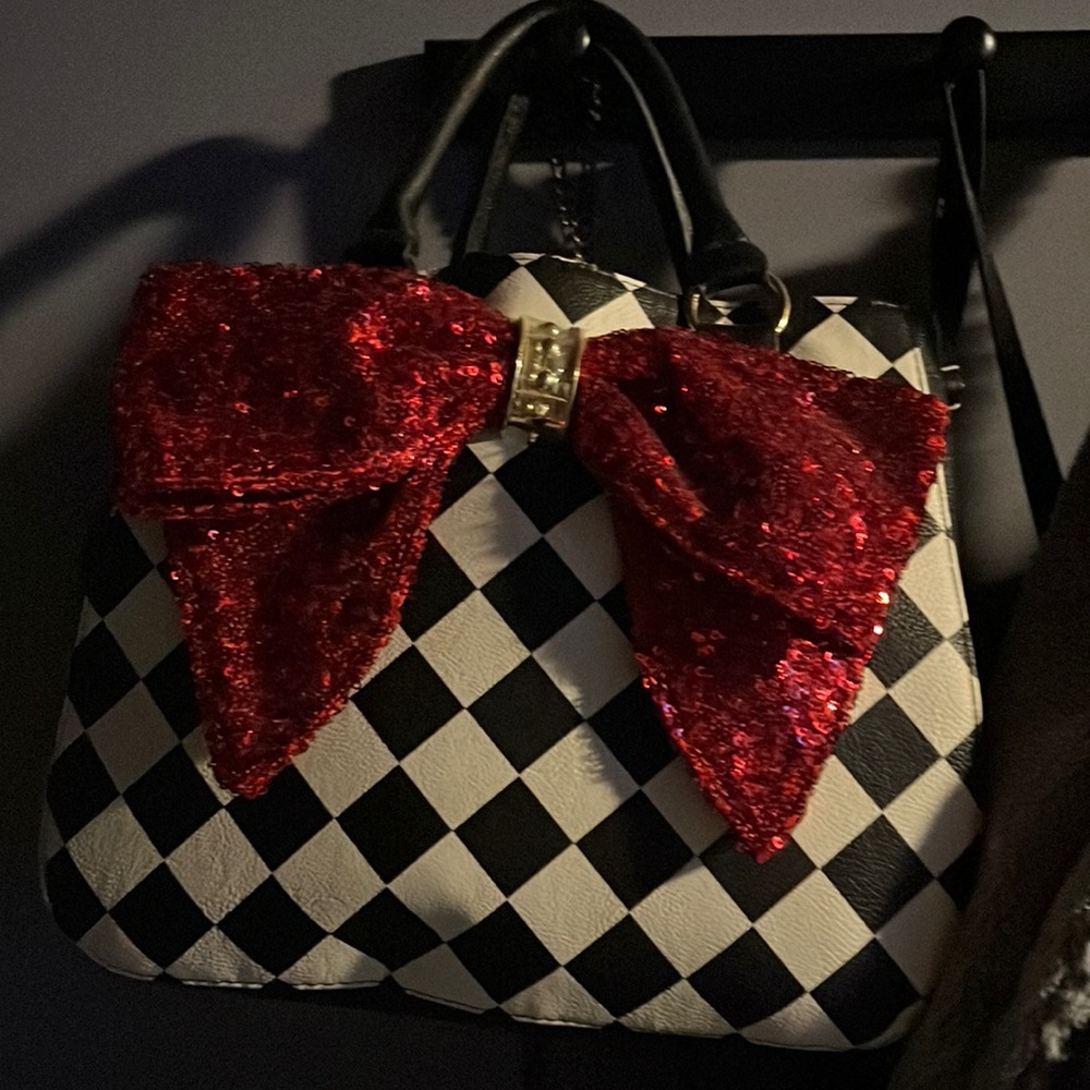 Betsey Johnson checkered purse with large red bow